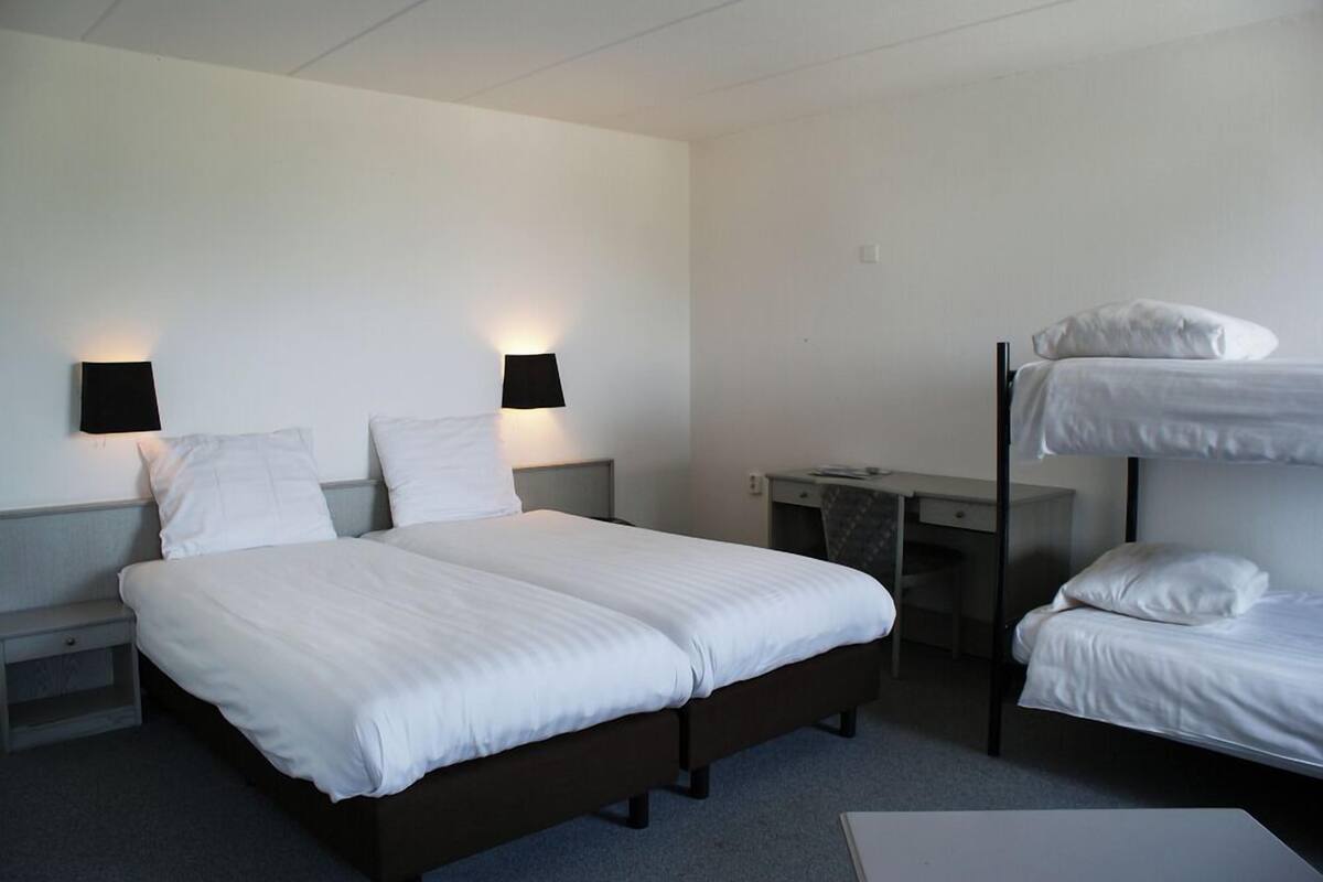 Une chambre d’hôtel avec un lit double, un bureau, une chaise et un lit superposé.