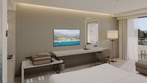 A modern hotel room with a large bed, a desk with a laptop, a television displaying a scenic view, a standing lamp, and a window with a view of the outdoors. -  Mirage Park Resort - Premium All Inclusive (Kemer)