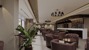 A modern lobby with a bar area, seating arrangements, and a large potted plant. -  Mirage Park Resort - Premium All Inclusive (Kemer)