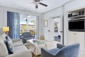 Flat-screen TV, DVD player, iPod dock