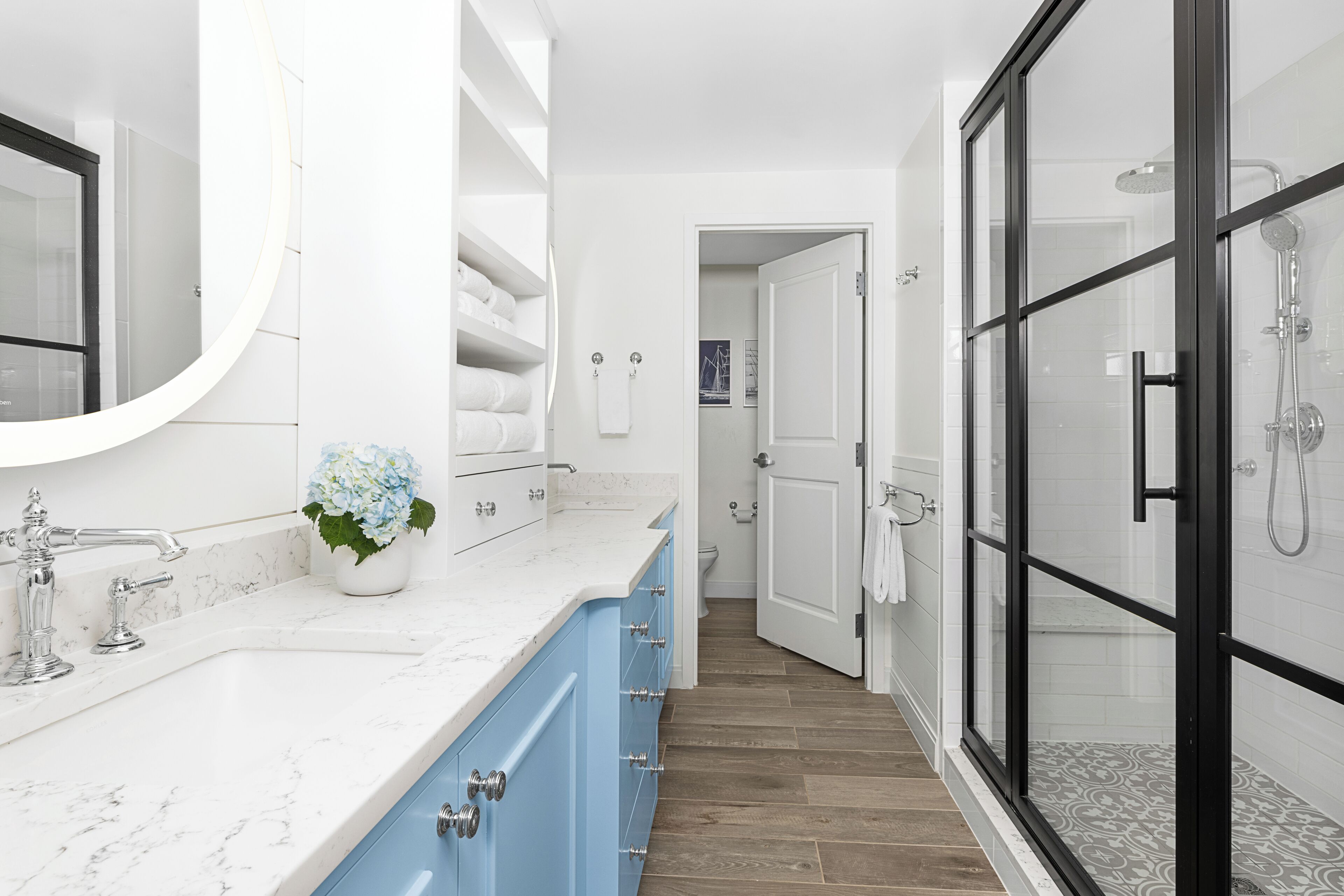 separate bathtub and shower, designer toiletries, hair dryer, towels