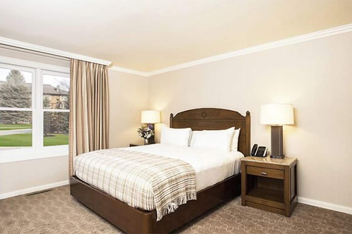 A hotel room with a large bed, two bedside tables with lamps, a view of a garden through the window, and a wooden headboard.