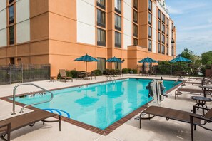 Seasonal outdoor pool, pool umbrellas, pool loungers
