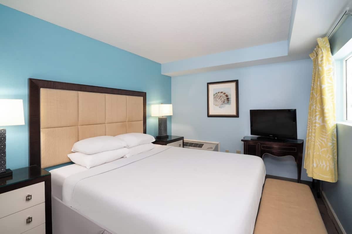 A hotel room with a large bed, a television, a bedside table with a lamp, and a framed picture on the wall.