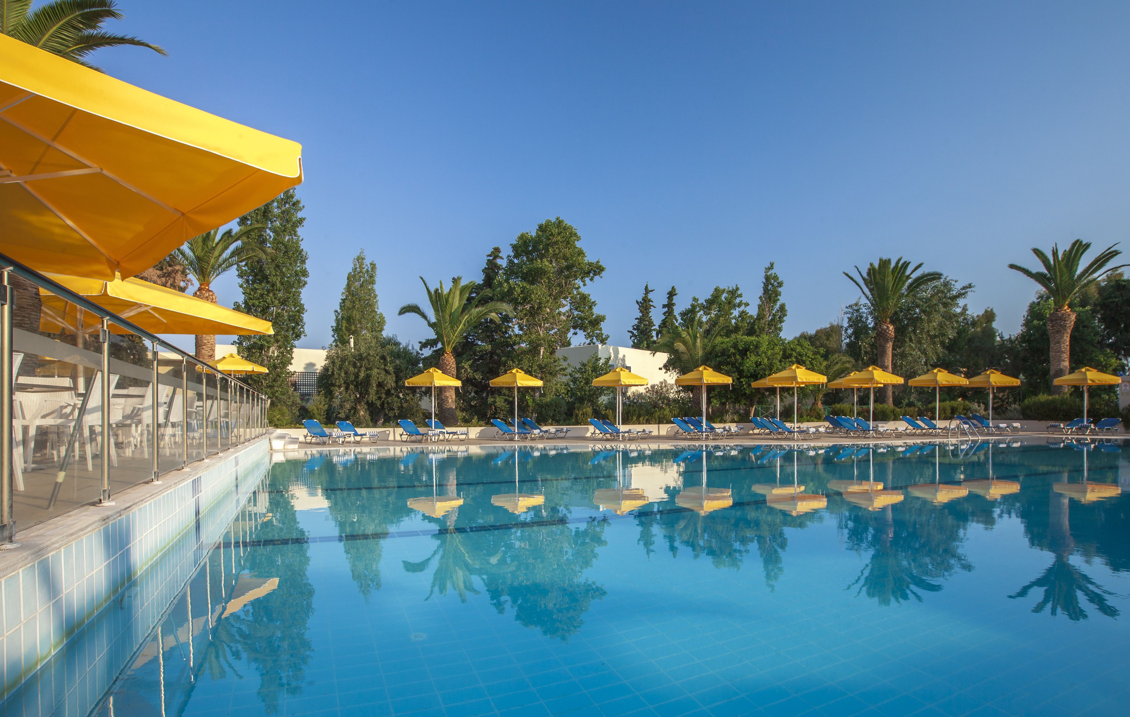 Utomhuspool, parasoller och solstolar