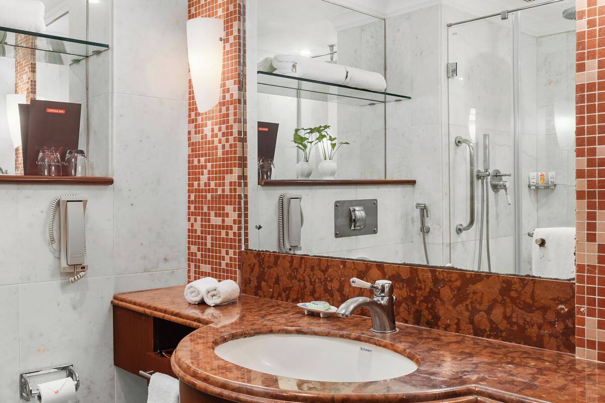 hydromassage showerhead, free toiletries, hair dryer, slippers
