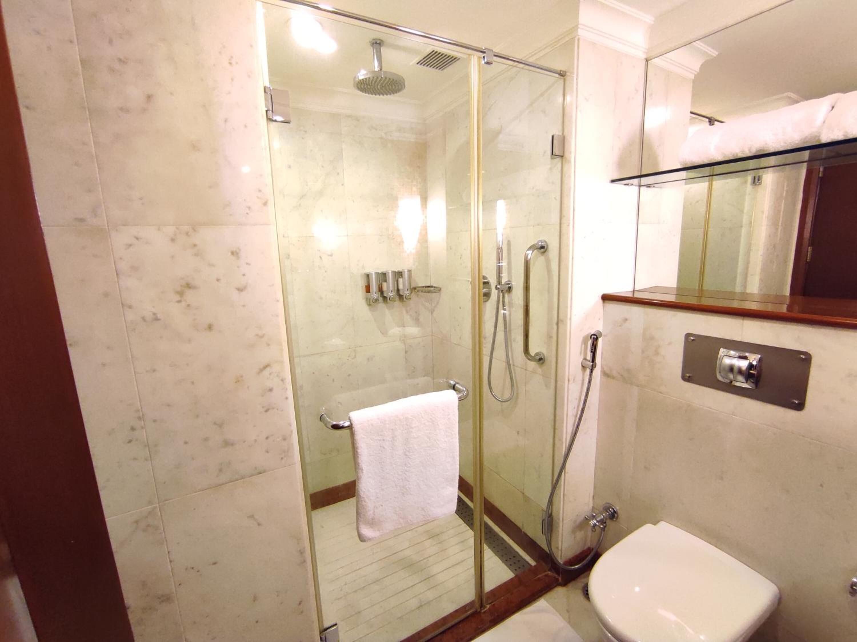 A glass-enclosed shower area with a white toilet and a towel rack.