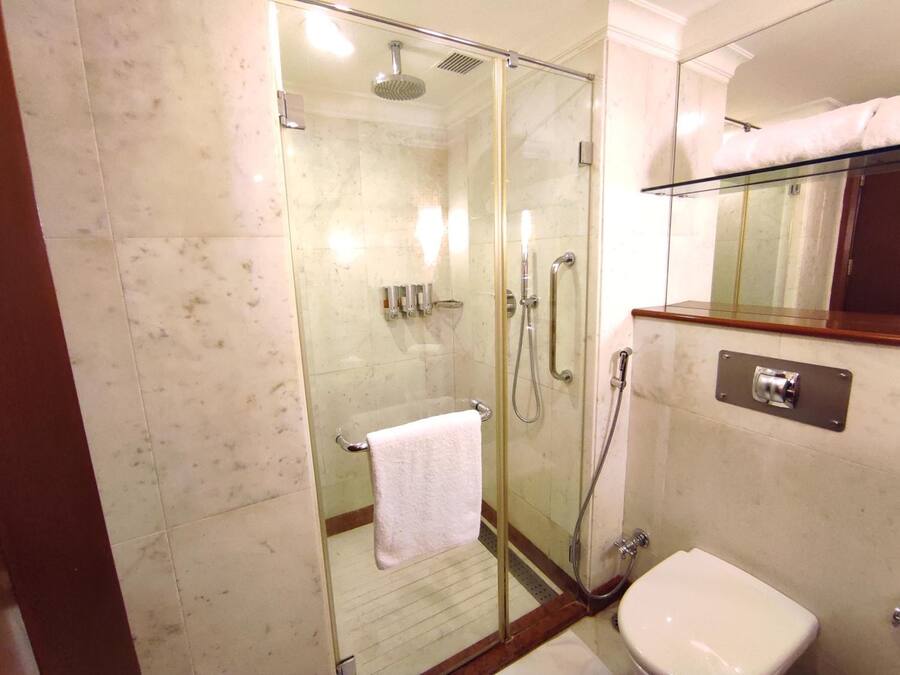 A glass-enclosed shower area with a white toilet and a towel rack.