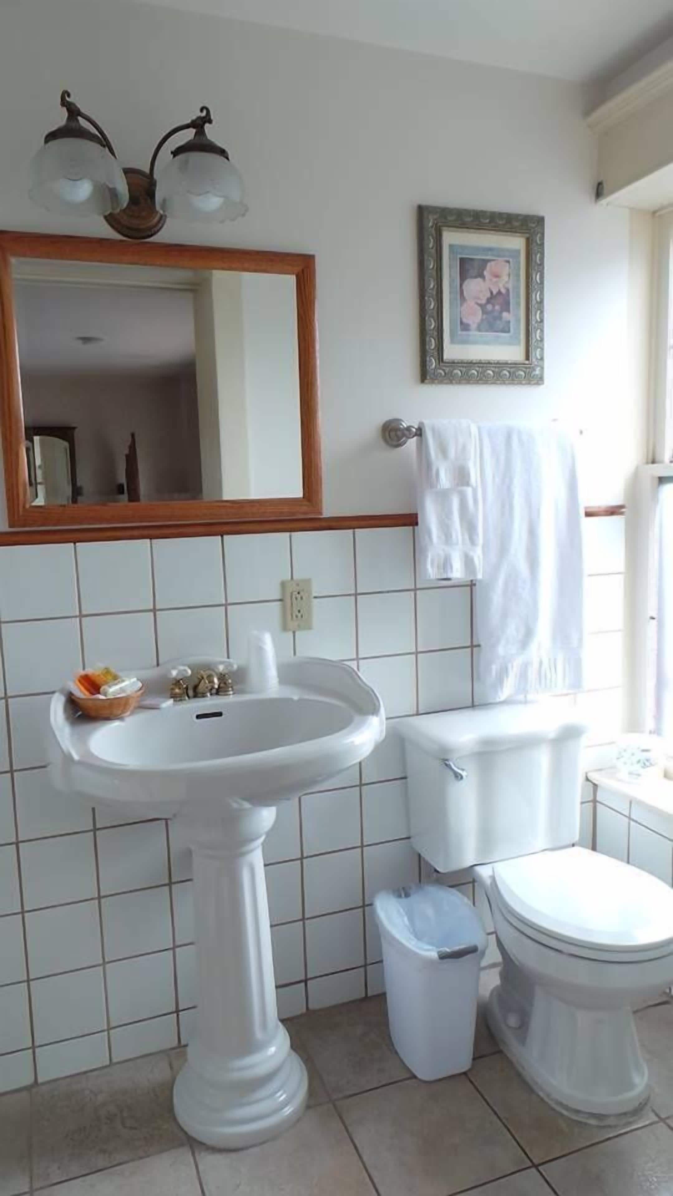 Um banheiro com pia de pedestal, vaso sanitário e bidê. Há um espelho sobre a pia e um quadro na parede.