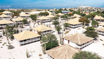 A resort with multiple bungalow-style accommodations, each with a thatched roof and surrounded by cacti and trees.