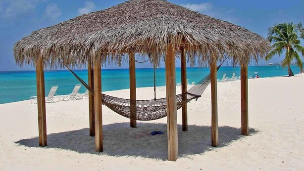 Una cabaña en la playa con techo de paja y una hamaca.