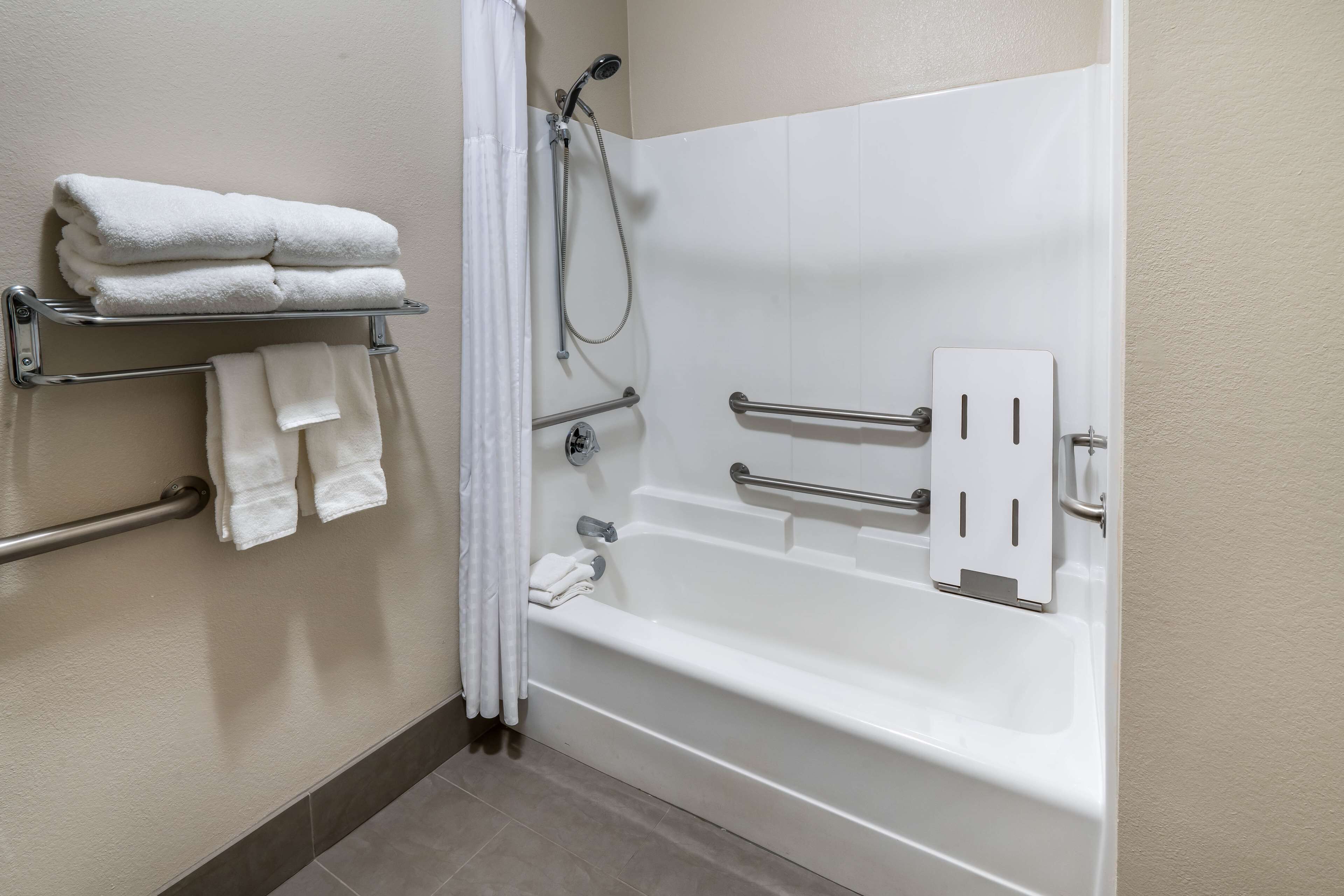 standard room, 1 king bed, accessible, refrigerator & microwave | bathroom | combined shower/bathtub, free toiletries, hair dryer, towels