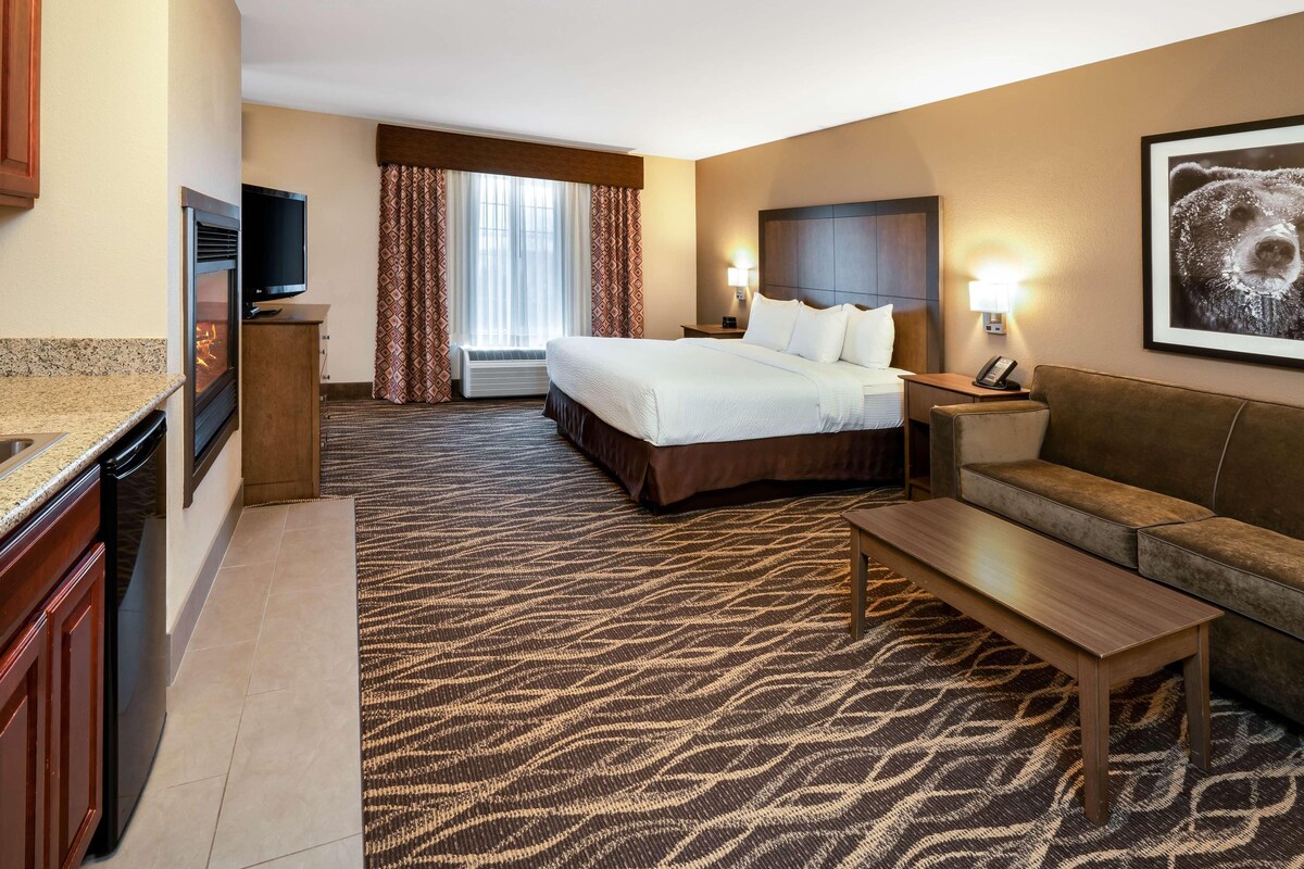 A hotel room with a bed, a sofa, a TV, a desk, and a patterned carpet.