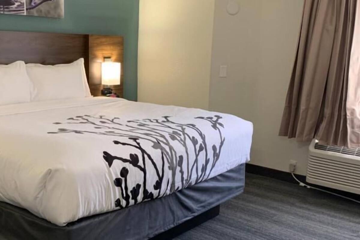 A hotel room with a bed, a nightstand, a lamp, and a window with curtains.