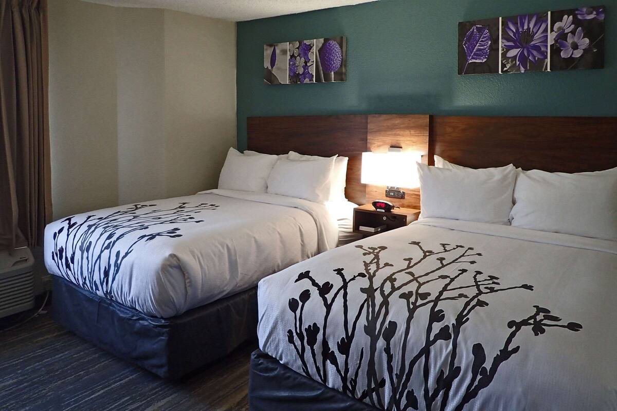 A hotel room with two beds, a nightstand with a lamp, and wall art.