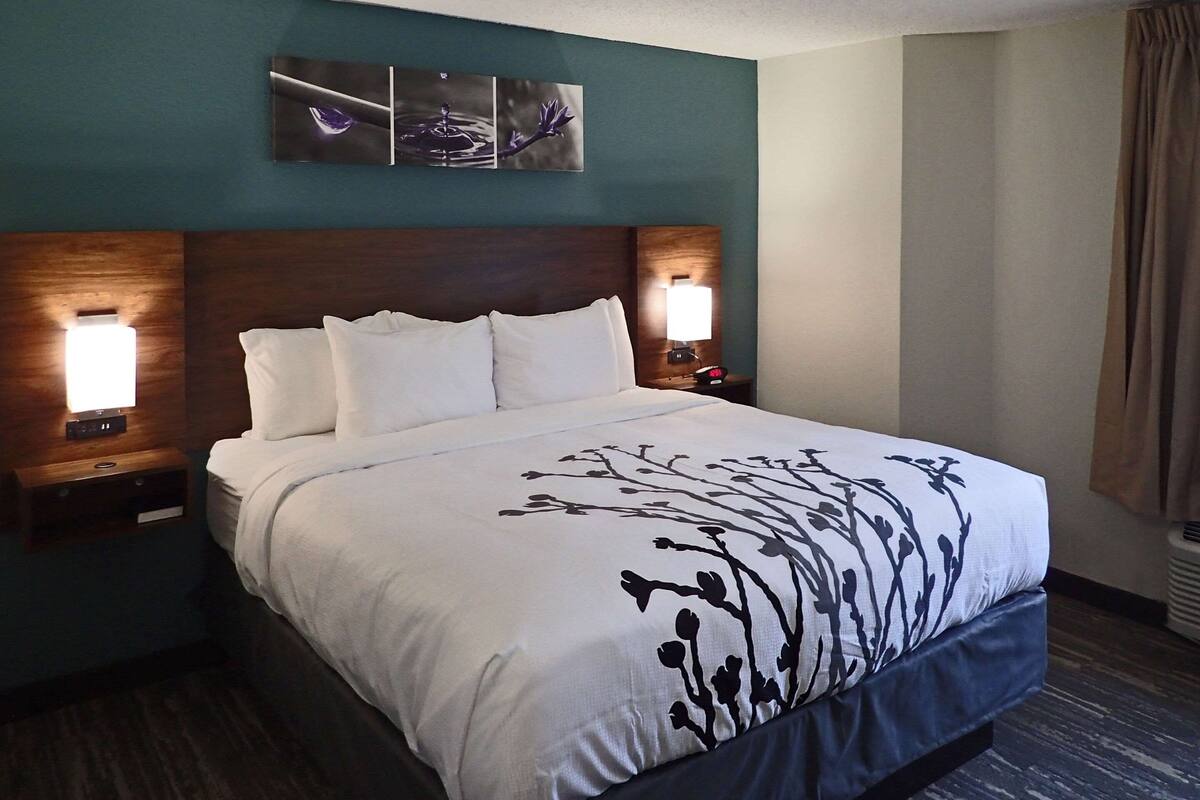 A hotel room with a large bed, two bedside tables with lamps, a wall-mounted artwork, and a window with curtains.