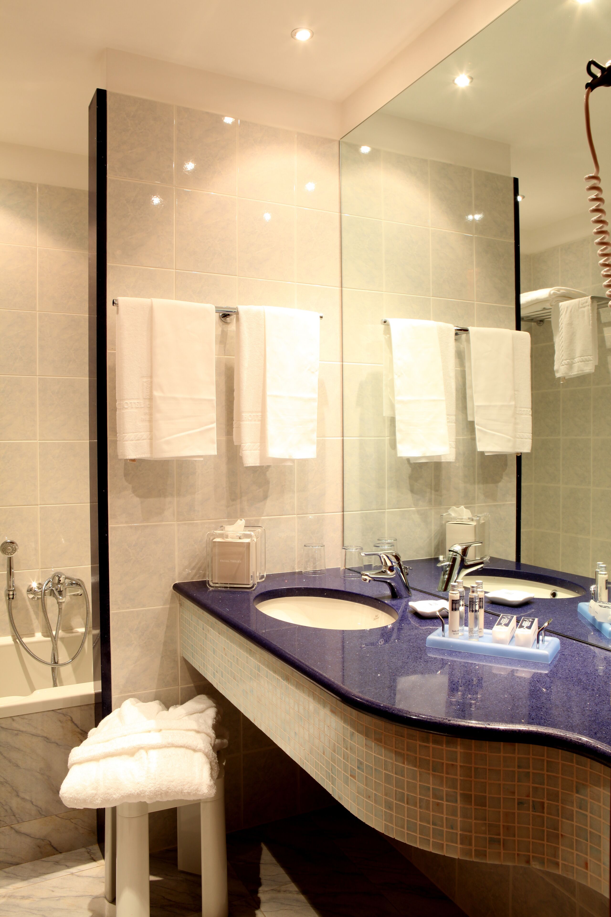 shower, hair dryer, bidet, towels