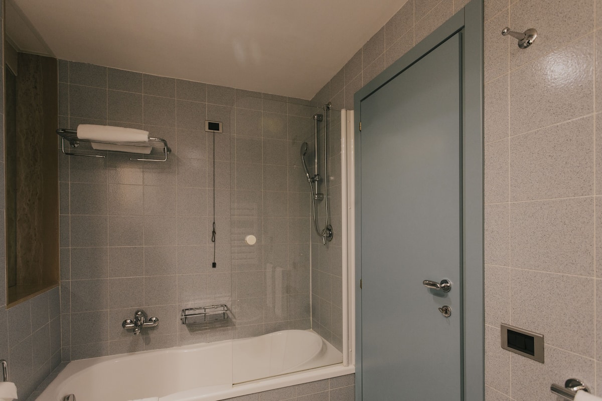 shower, hair dryer, bidet, towels