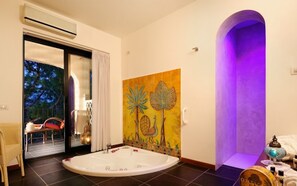 Shower, rainfall showerhead, designer toiletries, hair dryer