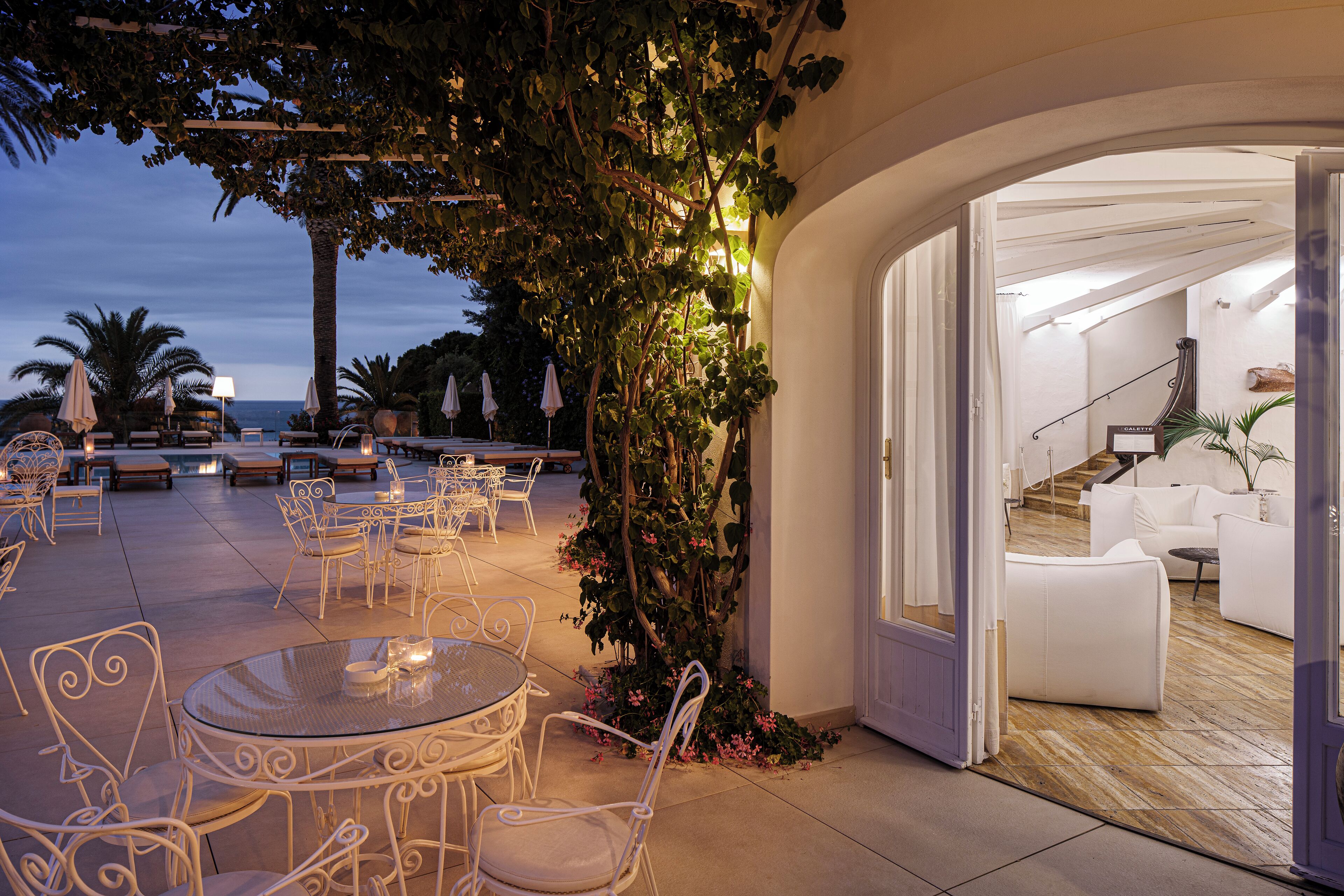 An outdoor patio with white metal chairs and tables, a palm tree, and a view of the ocean.