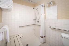 シャワー付き浴槽、デザイナーバスアメニティ、ヘアドライヤー、タオル