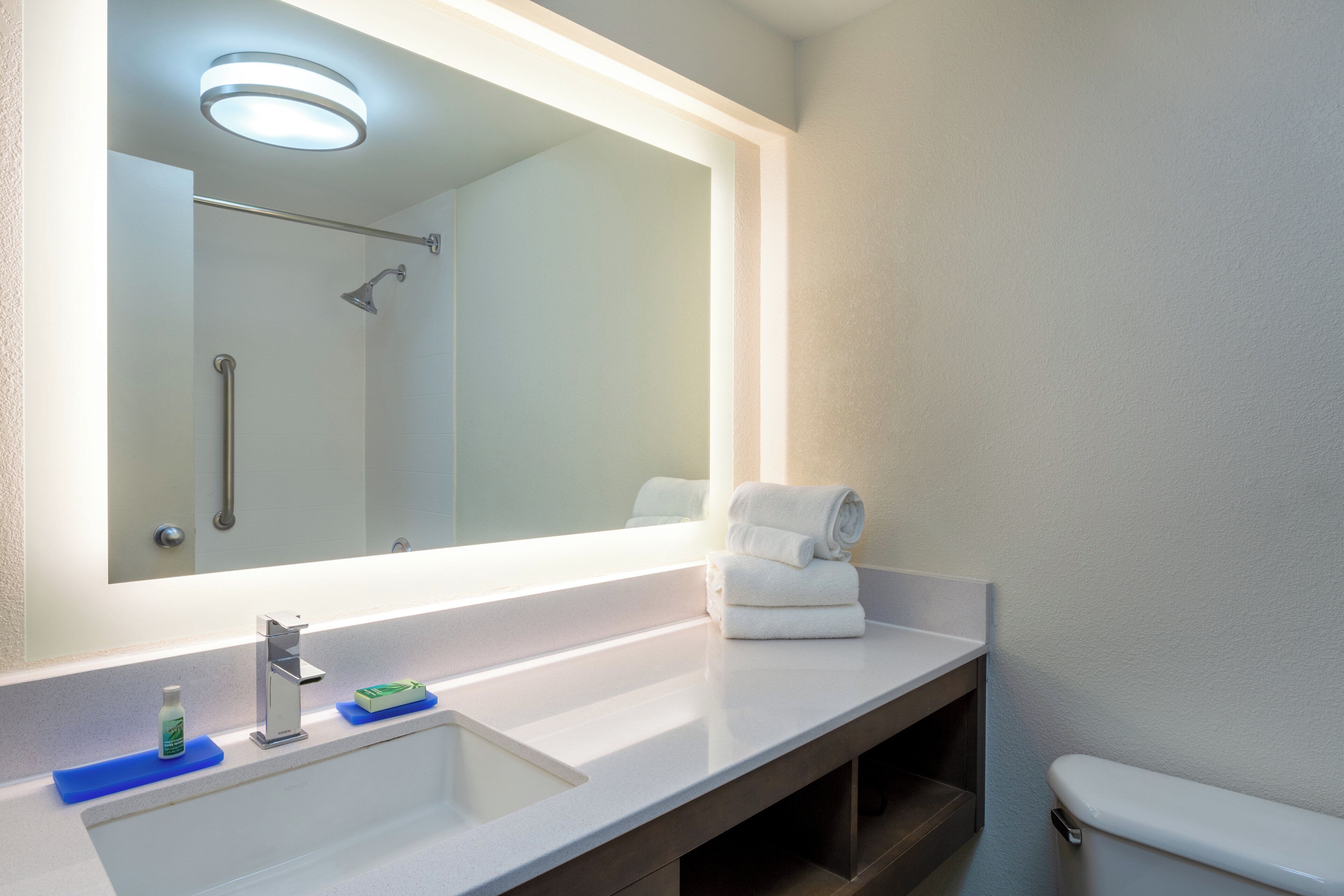 A bathroom with a large mirror, a sink, a shower, and a toilet.