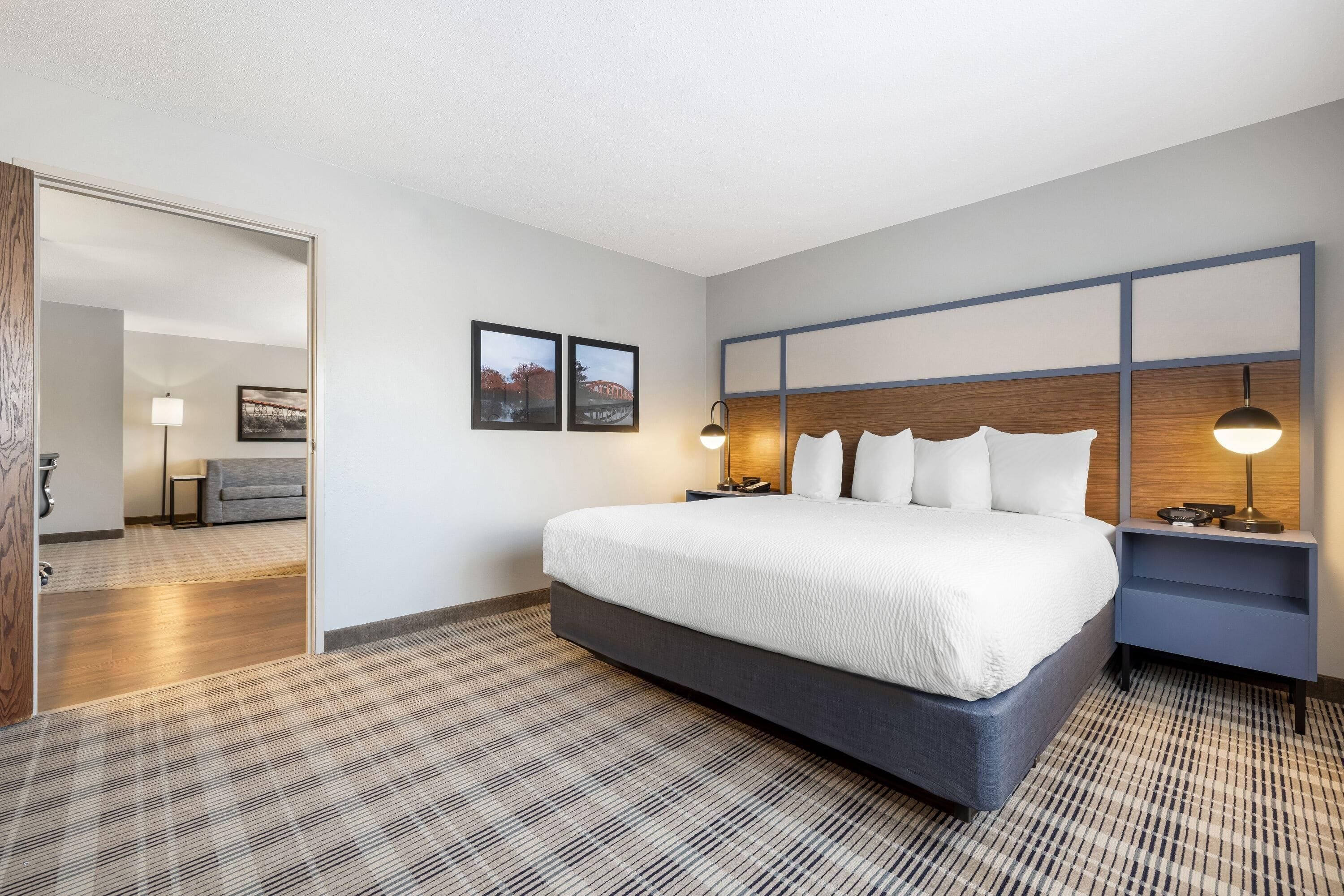 Een hotelkamer met een groot bed, een houten hoofdbord, twee nachtkastjes met lampen en een kamerbreed tapijt met patroon.