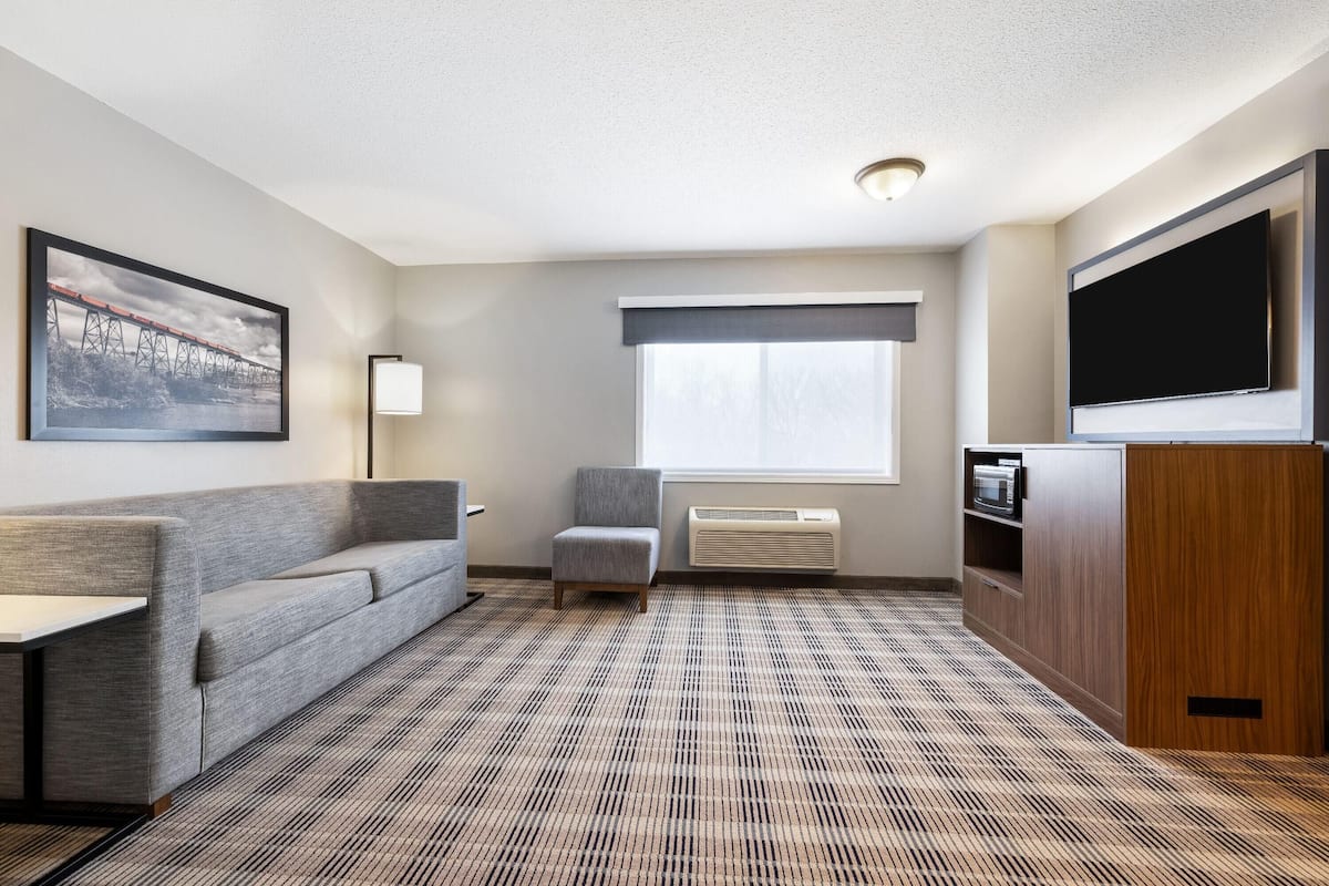 A hotel room with a sofa, a small table, a TV, a cabinet, and a window with blinds.
