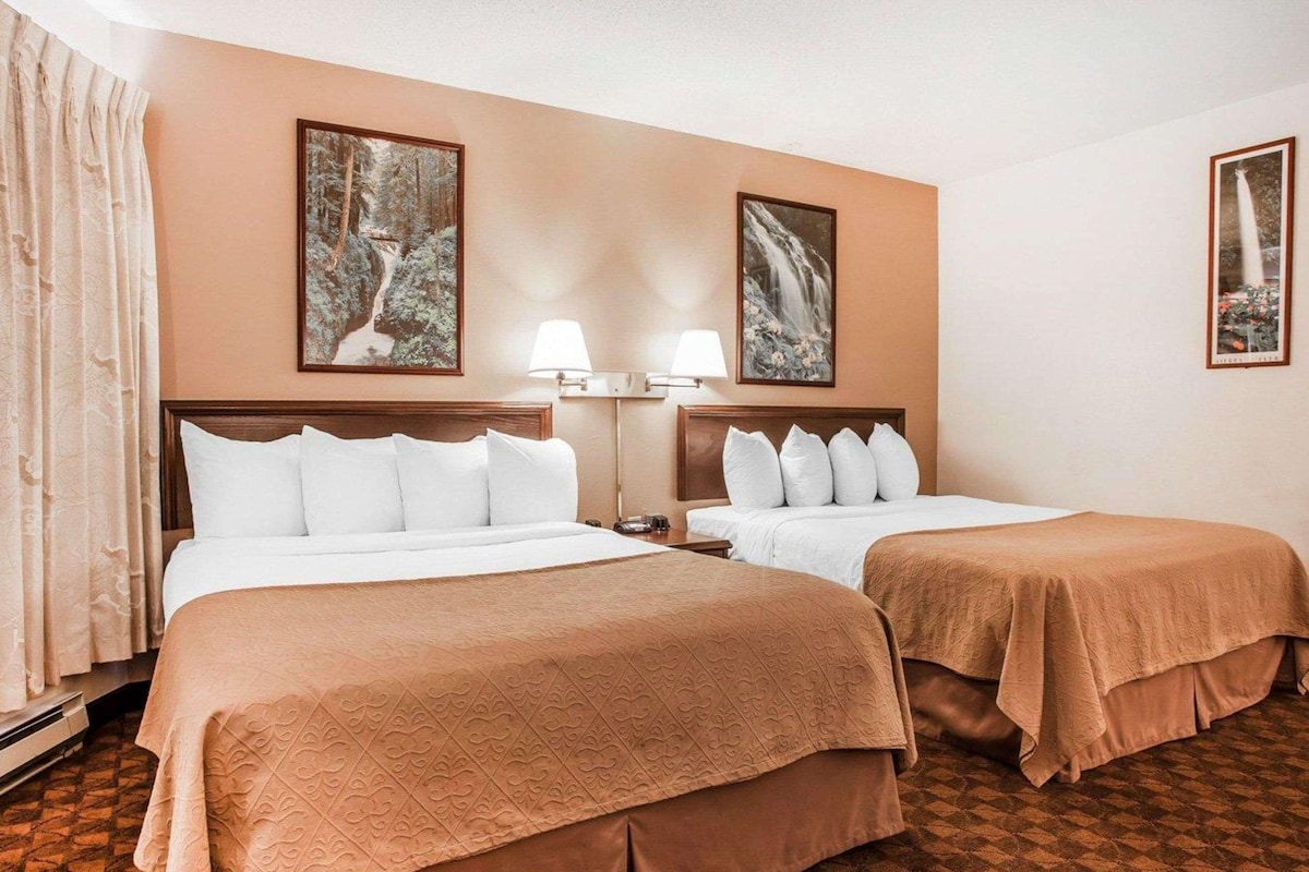 A hotel room with two beds, a wooden headboard, a patterned carpet, and two framed pictures on the wall.
