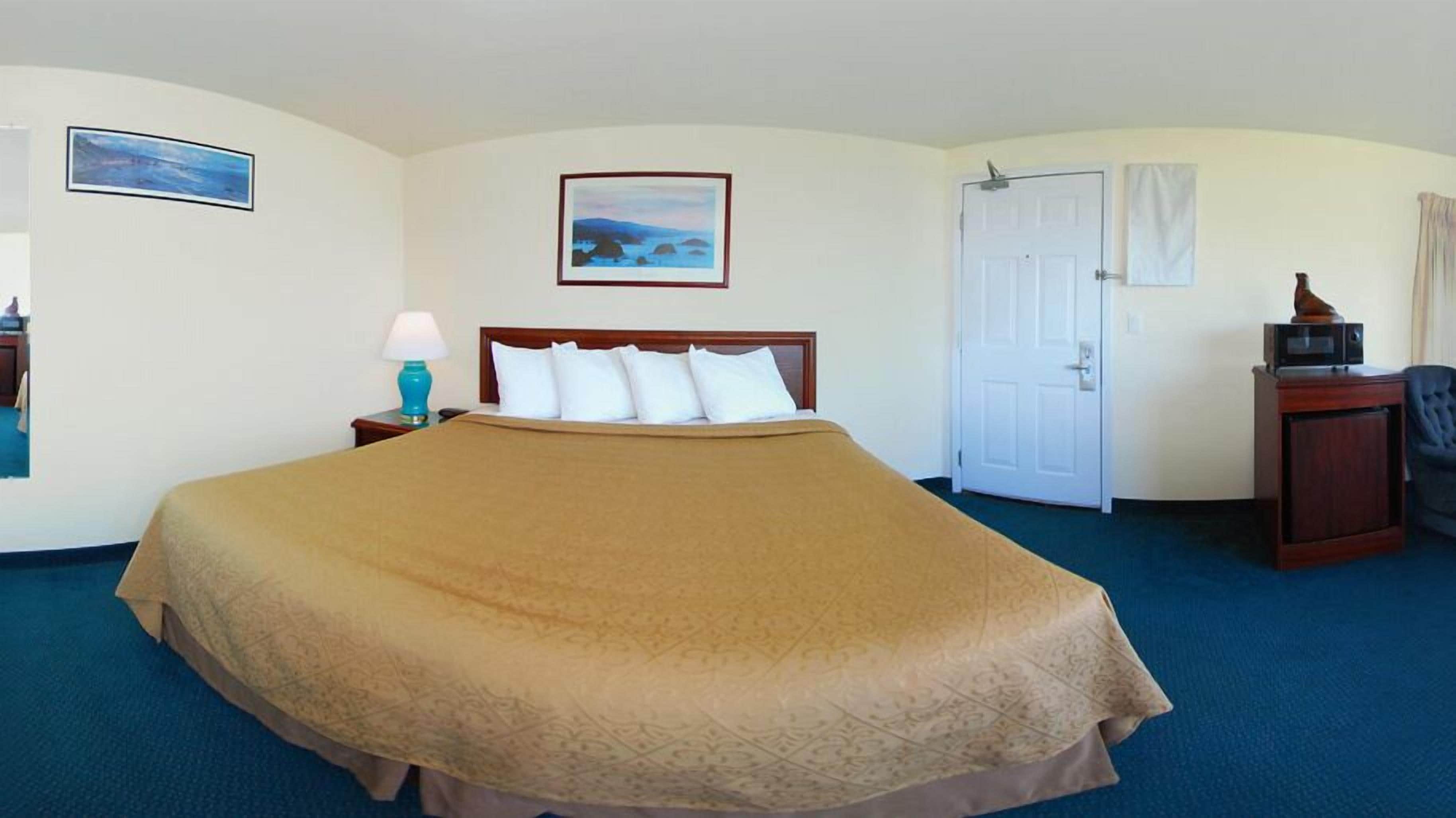 A hotel room with a large bed, a nightstand with a lamp, a television on a cabinet, and a door.