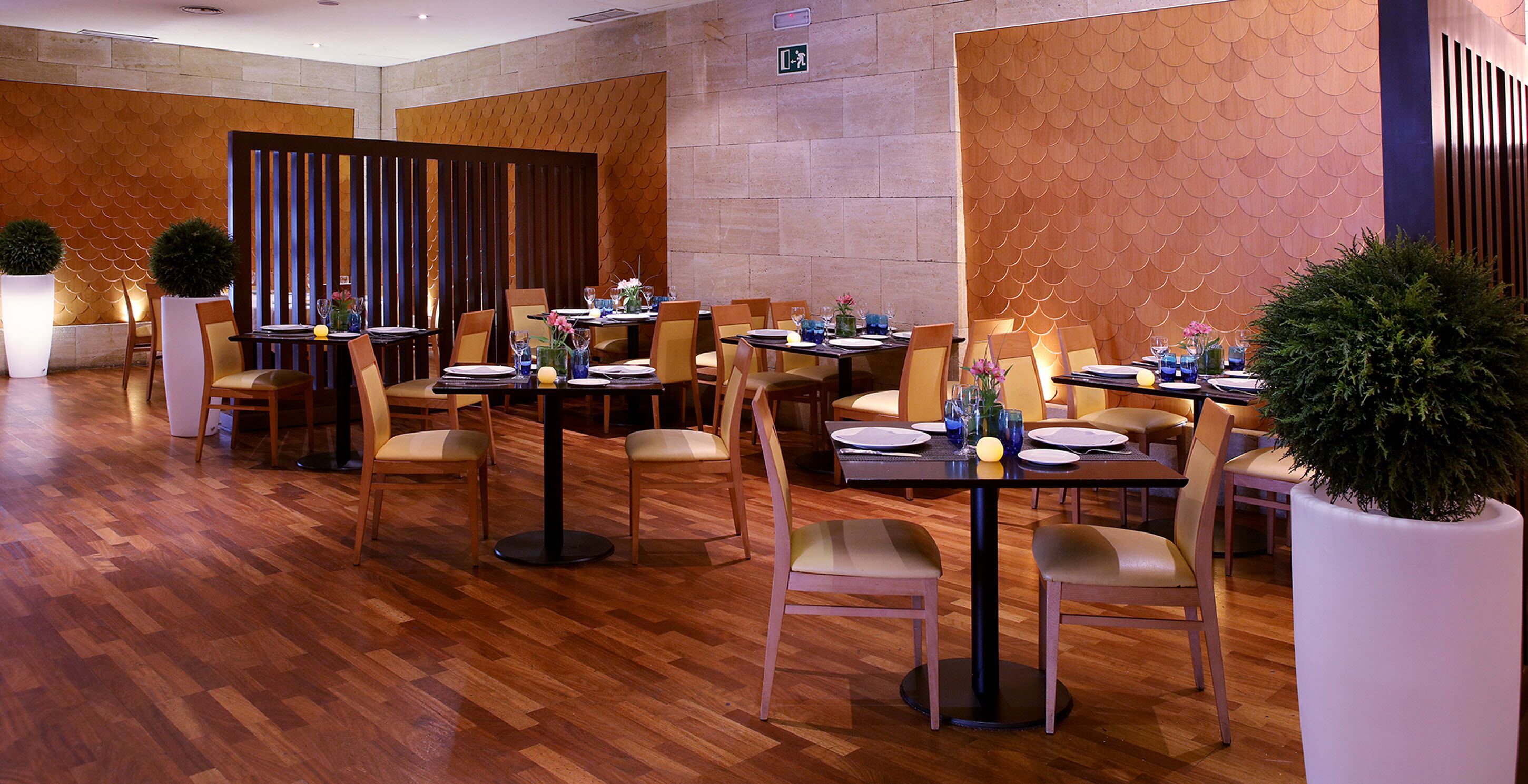 Un restaurante con suelo de madera, varias mesas dispuestas con sillas y plantas en macetas.