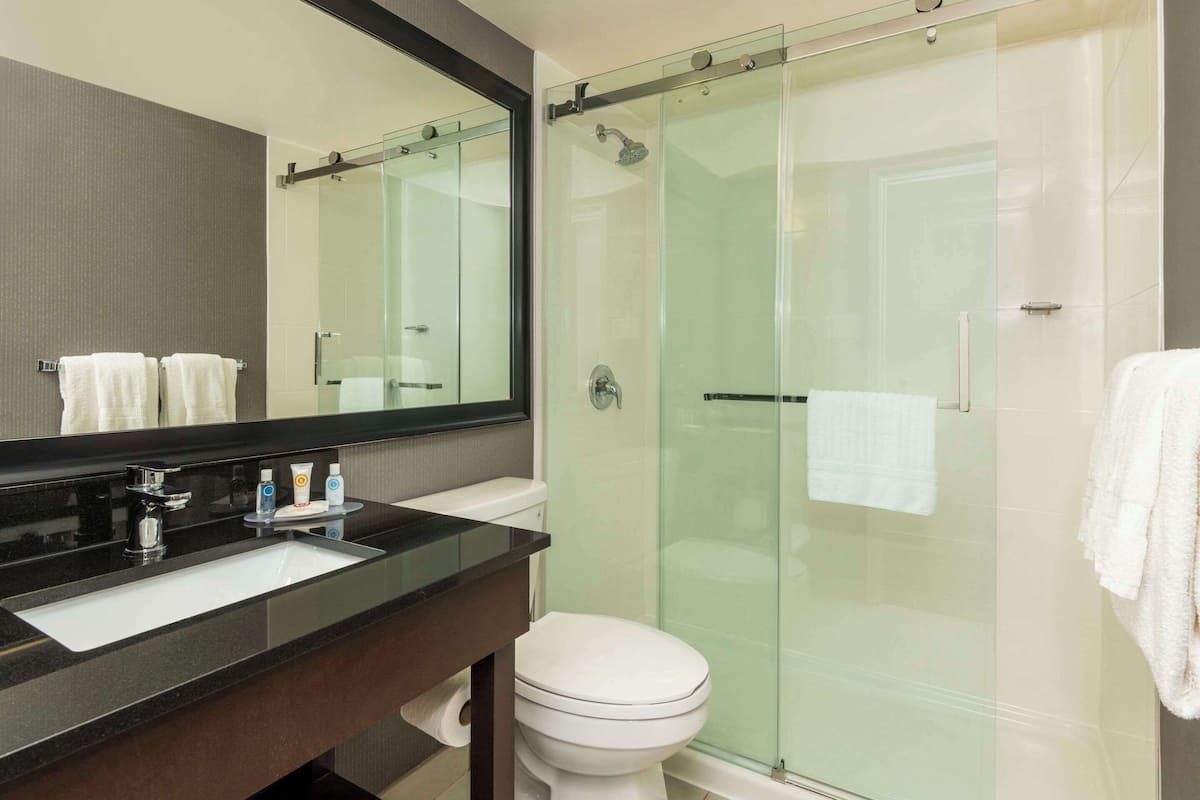 A modern bathroom with a glass-enclosed shower, a white toilet, and a black countertop with a sink and mirror.