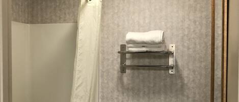 A bathroom with a shower, toilet, and towel rack.