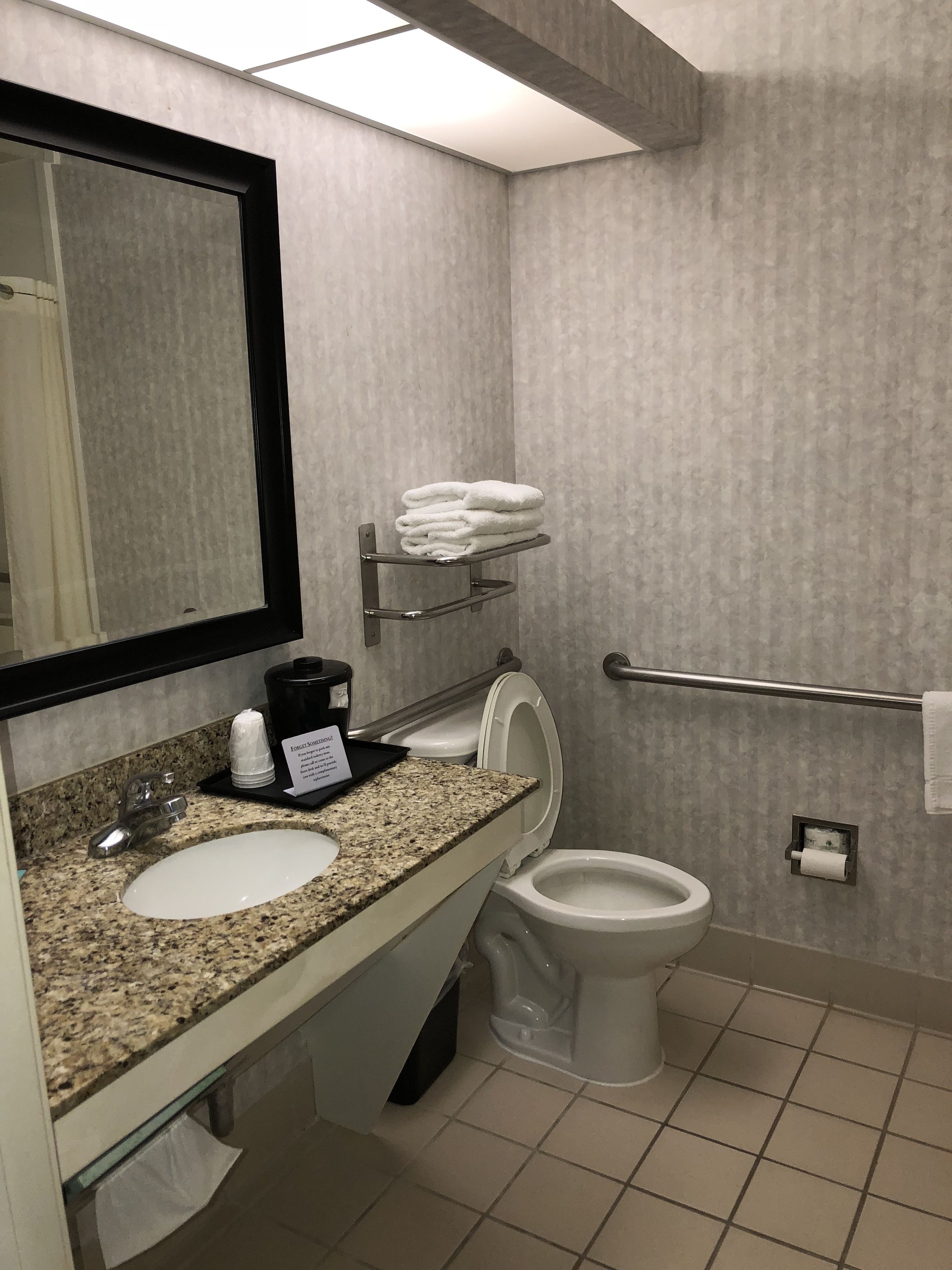 Une salle de bain moderne avec un comptoir en granit, un lavabo, un miroir, des toilettes et un porte-serviettes.