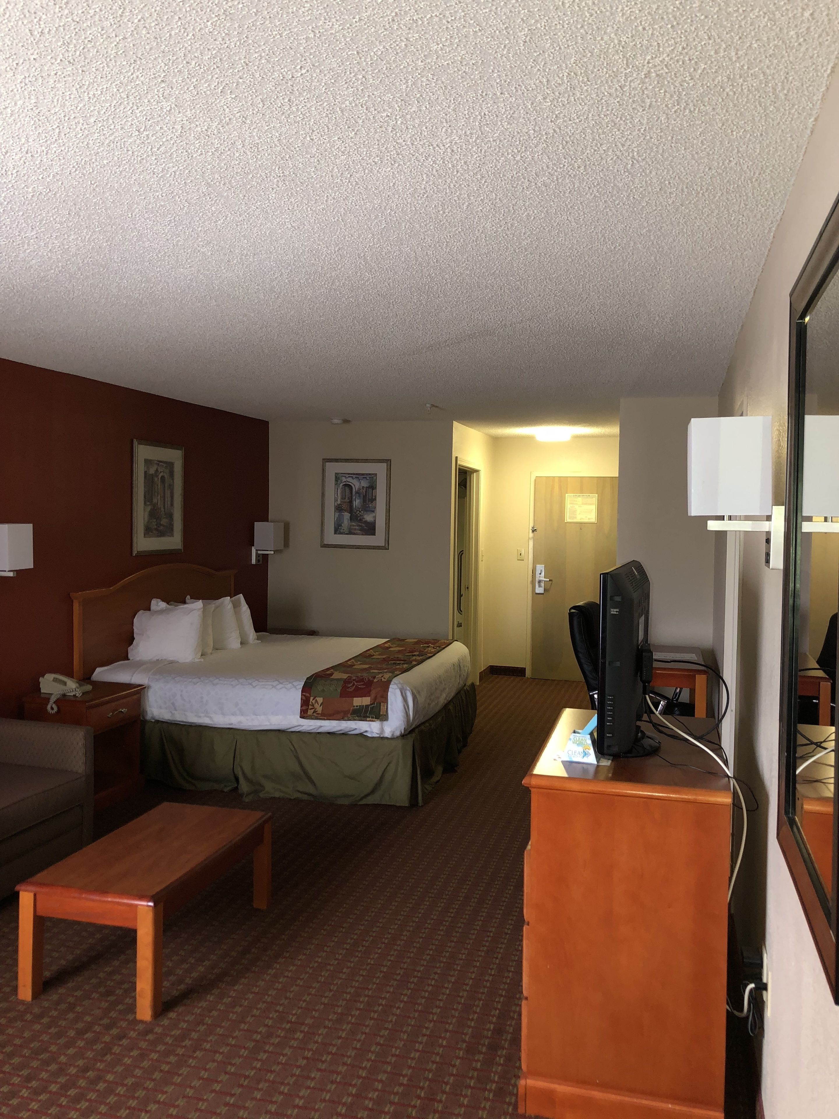 Quarto de hotel com cama, mesa de cabeceira, escrivaninha, cadeira e televisão.