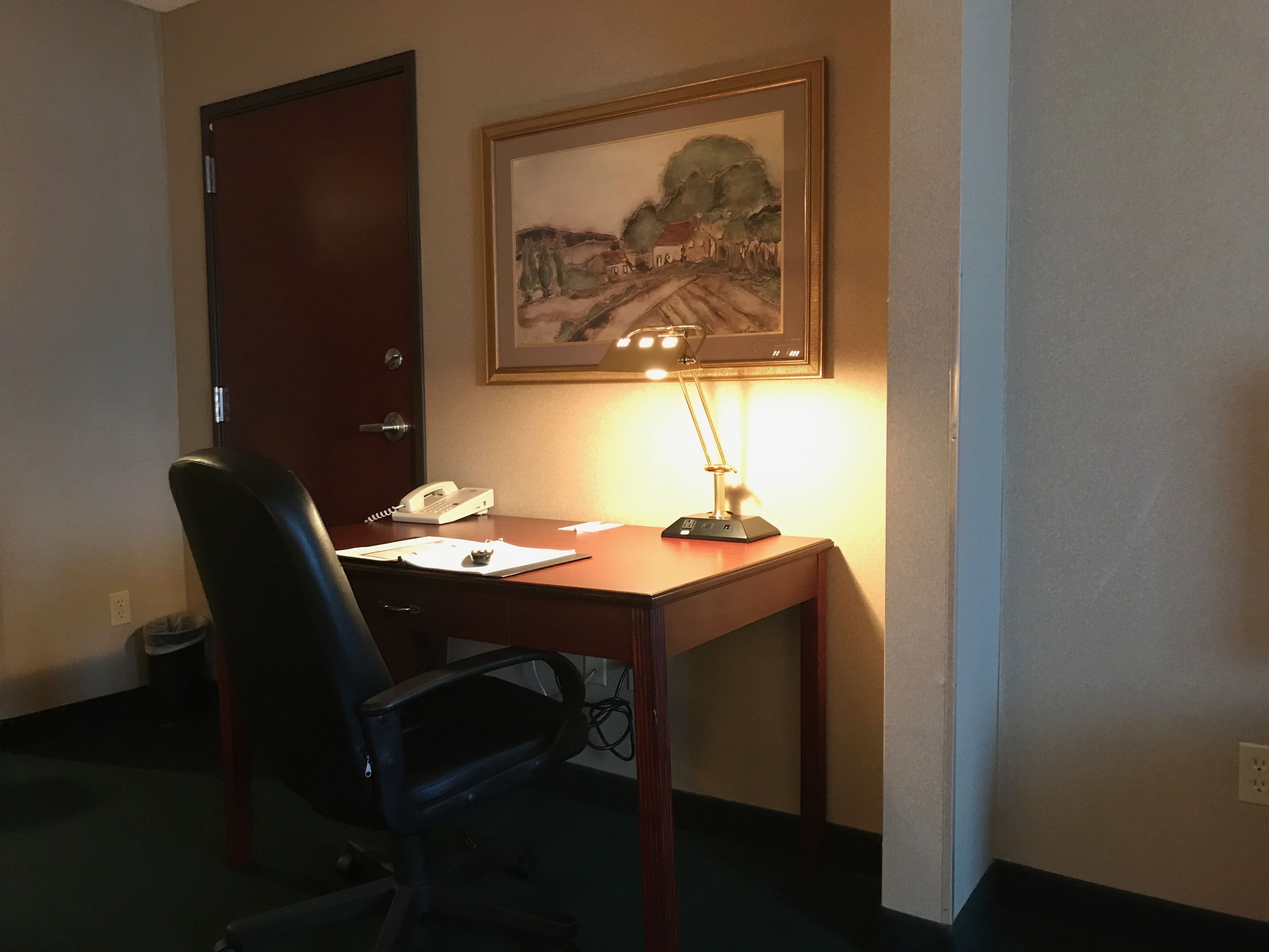 Ein Hotelzimmer mit Schreibtisch, Stuhl, Telefon, Lampe und einem gerahmten Gemälde an der Wand.