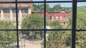 A view through a window with a grid pattern, featuring a building with red brick facades and a green landscape with trees and a paved area. - The Marx Hotel (Oneonta)