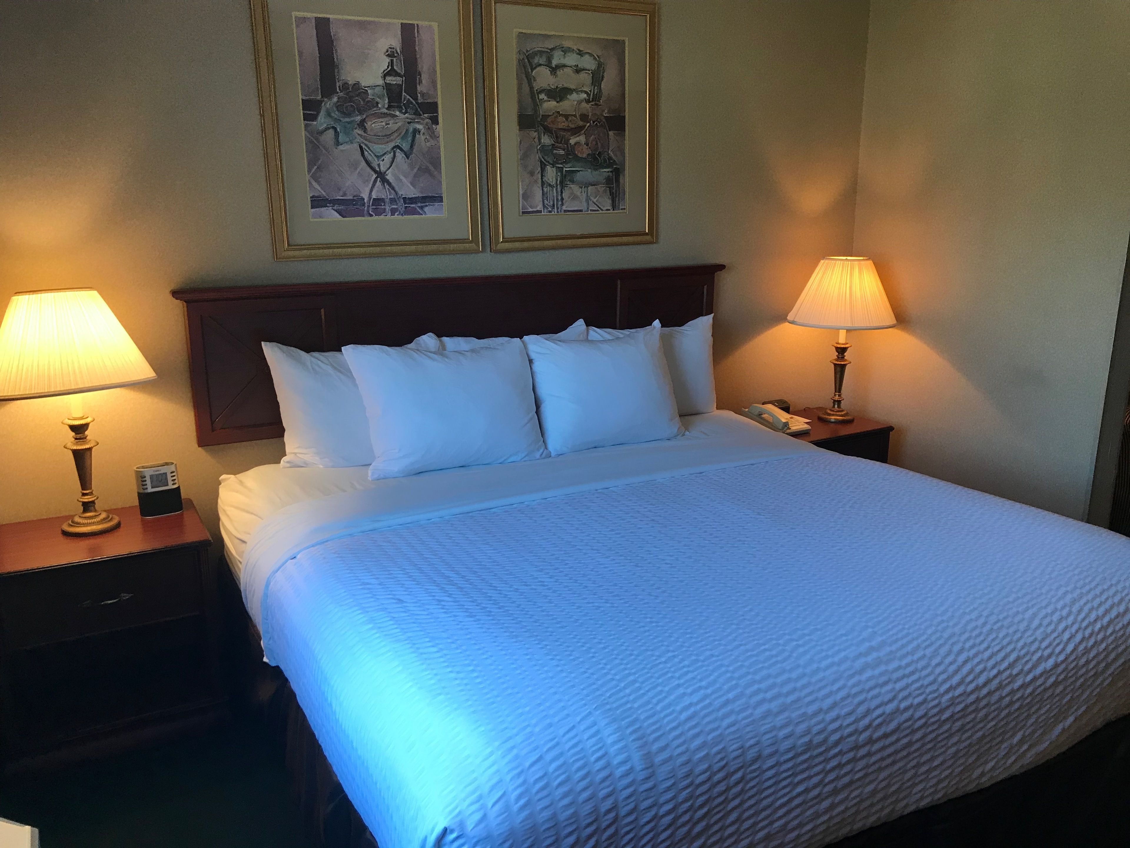 A hotel room with a large bed, two bedside lamps, a nightstand with a phone, and two framed pictures on the wall.