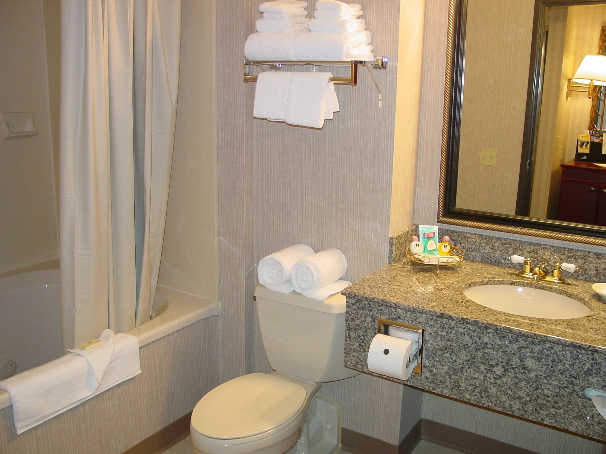 Une salle de bain équipée de toilettes, d’un lavabo, d’un porte-serviettes et d’un miroir.