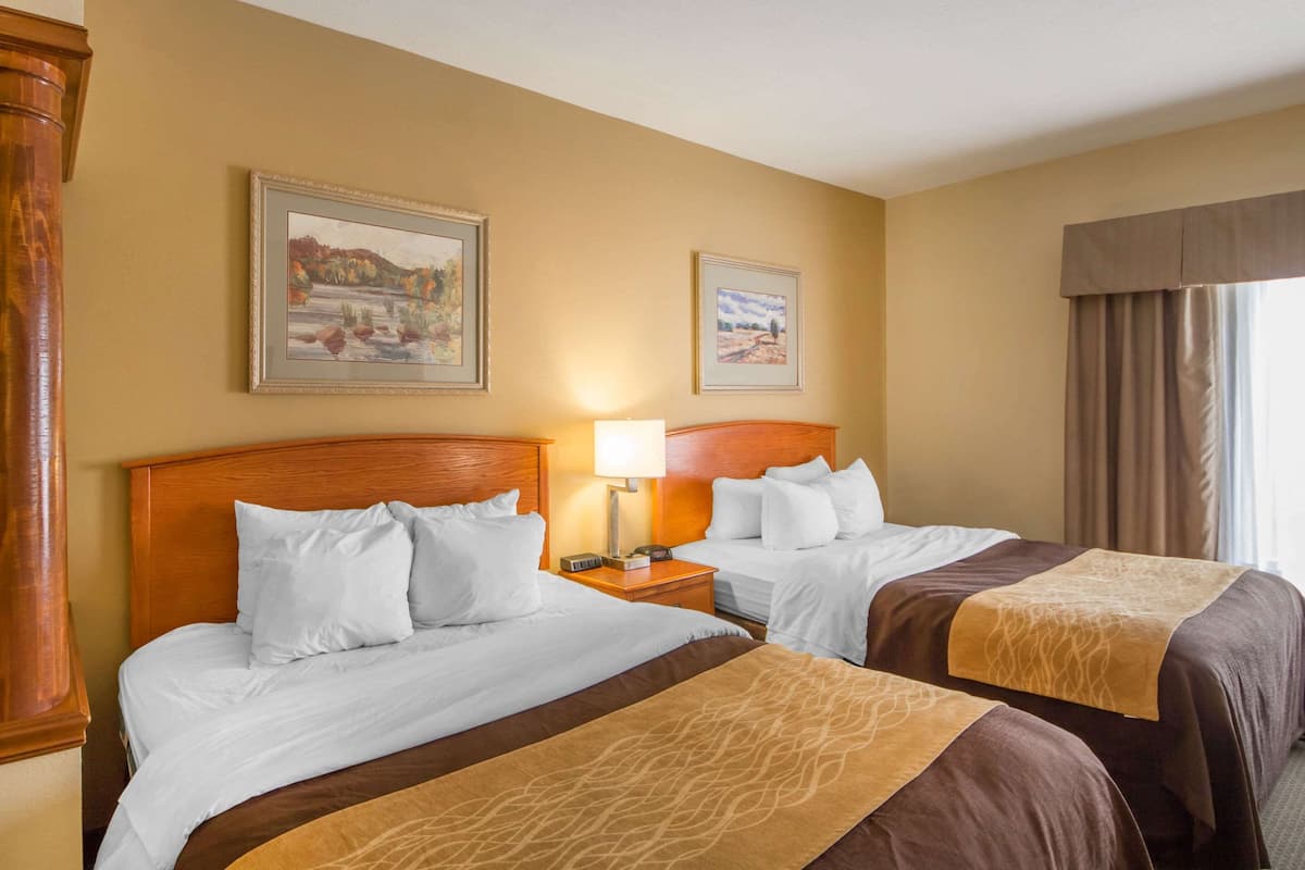 A hotel room with two beds, a wooden headboard, a nightstand, a lamp, and two framed pictures on the wall.