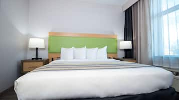 Premium bedding, desk, blackout curtains, iron/ironing board