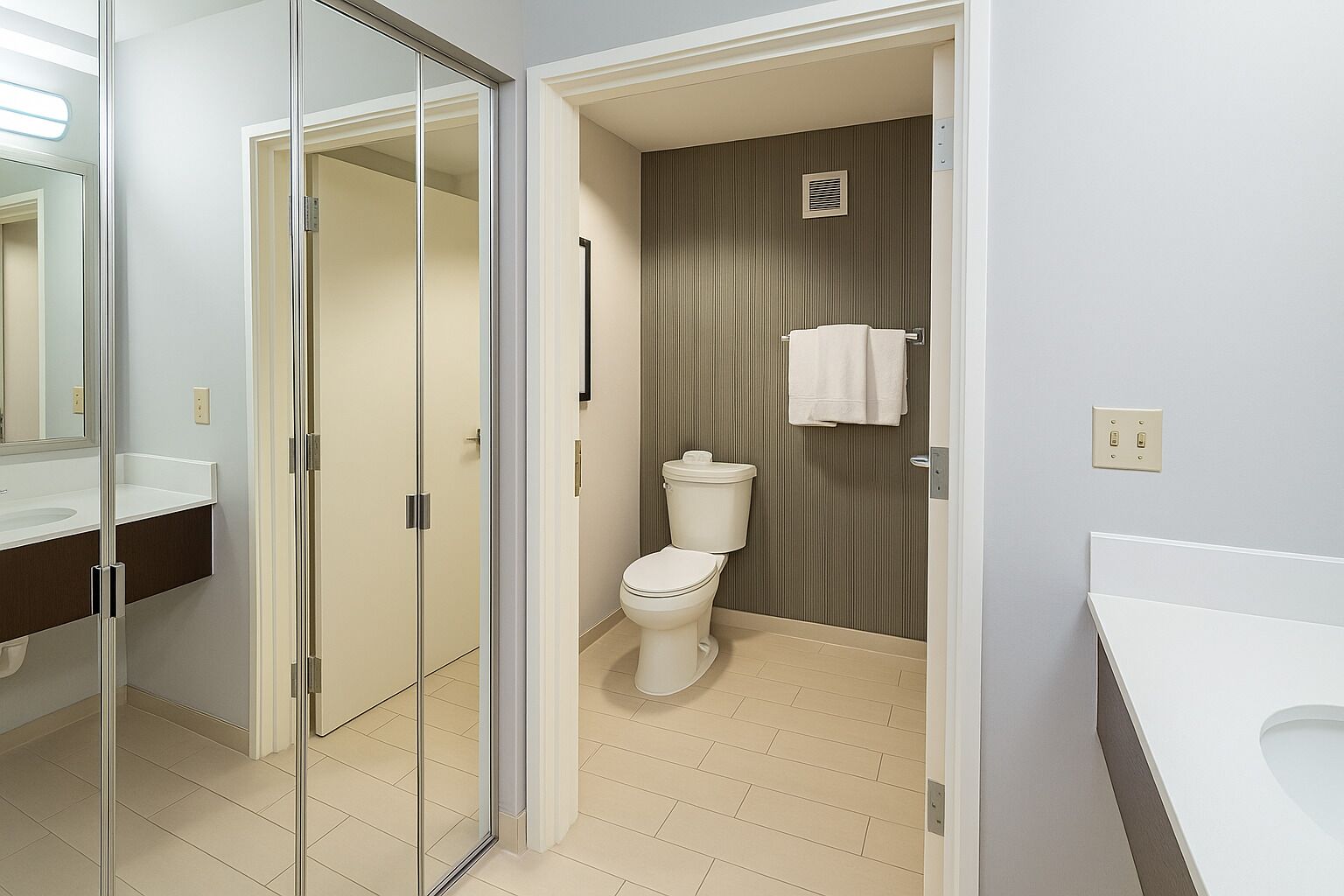 hypo-allergenic bedding, desk, blackout curtains, iron/ironing board