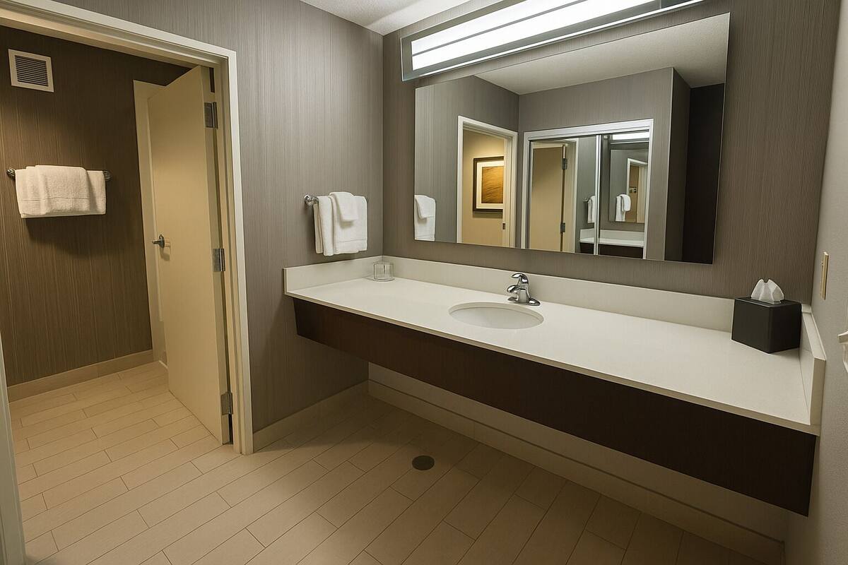 eco-friendly toiletries, hair dryer, towels, soap