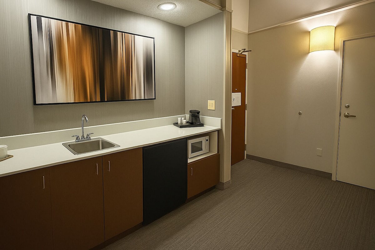 hypo-allergenic bedding, desk, blackout curtains, iron/ironing board