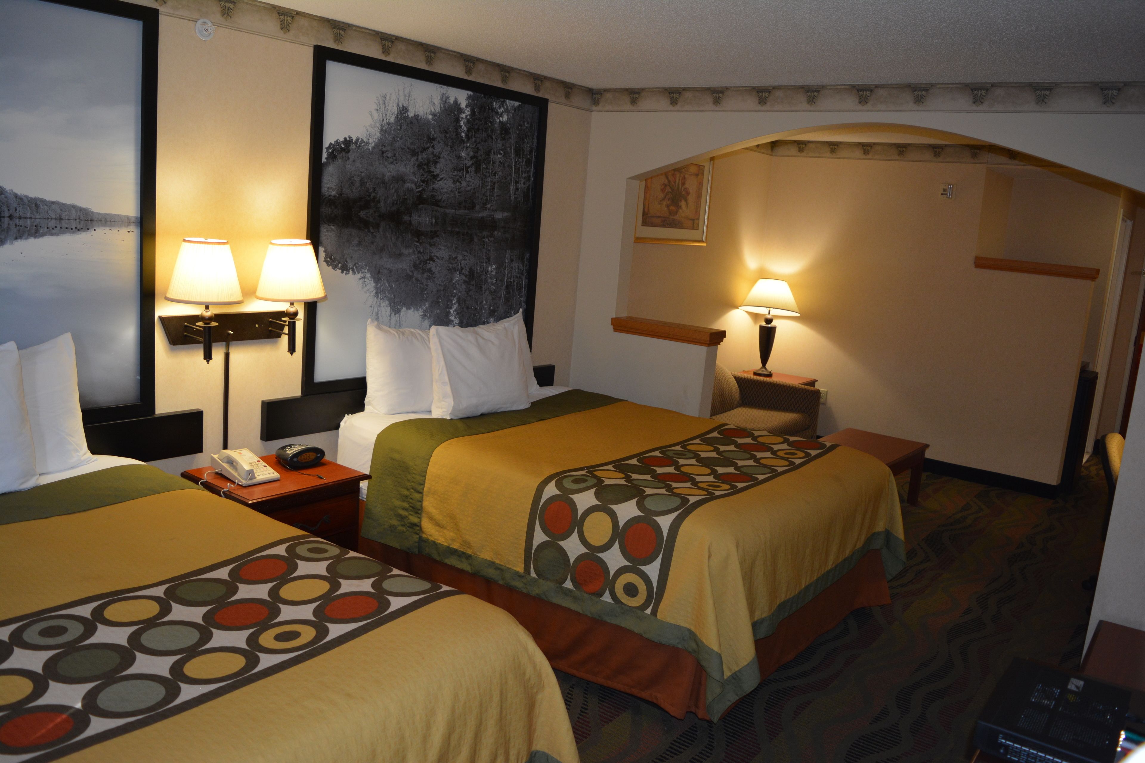 Habitación de hotel con dos camas, cada una con una colcha estampada, lámparas de noche y un teléfono en la mesita de noche.