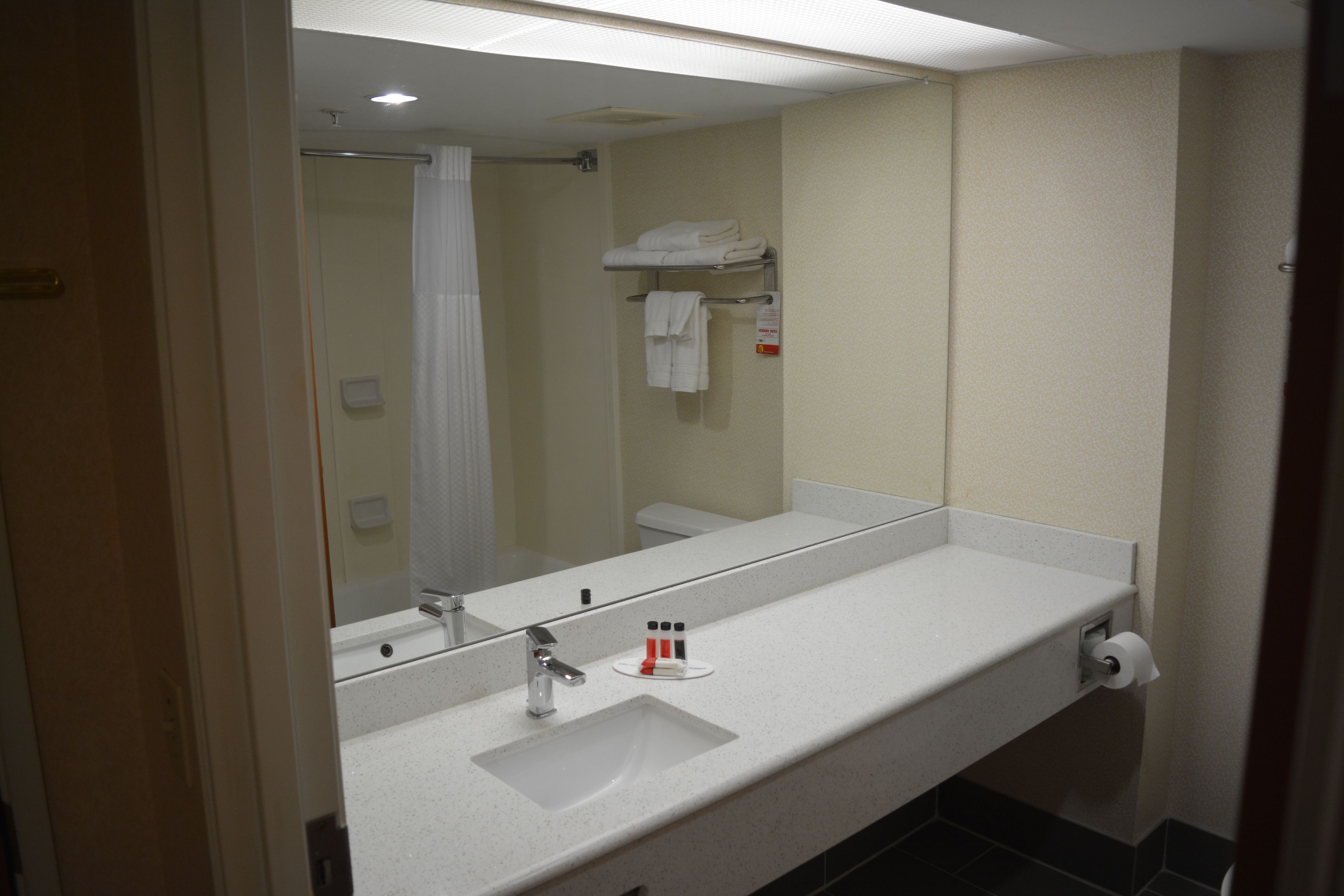 A bathroom with a white sink, mirror, and towel rack.