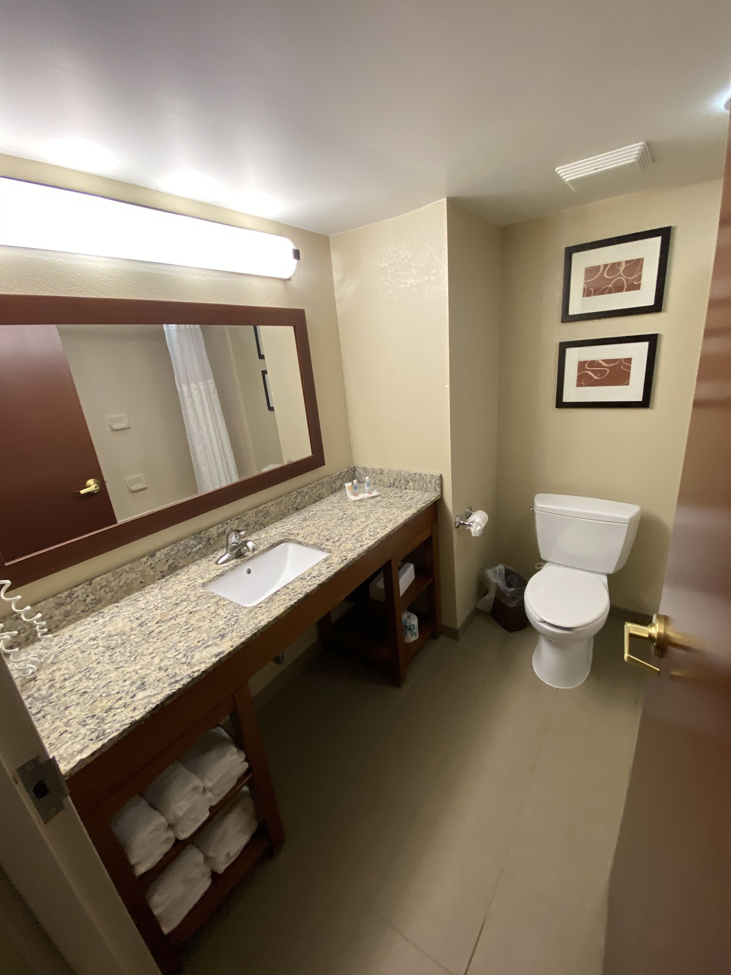 A bathroom with a granite sink, a mirror, a toilet, and two framed pictures on the wall.