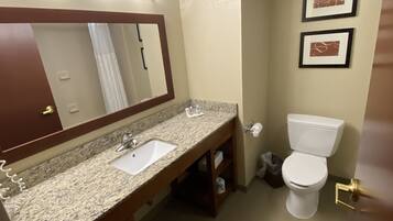 A bathroom with a granite sink, a mirror, a toilet, and two framed pictures on the wall.