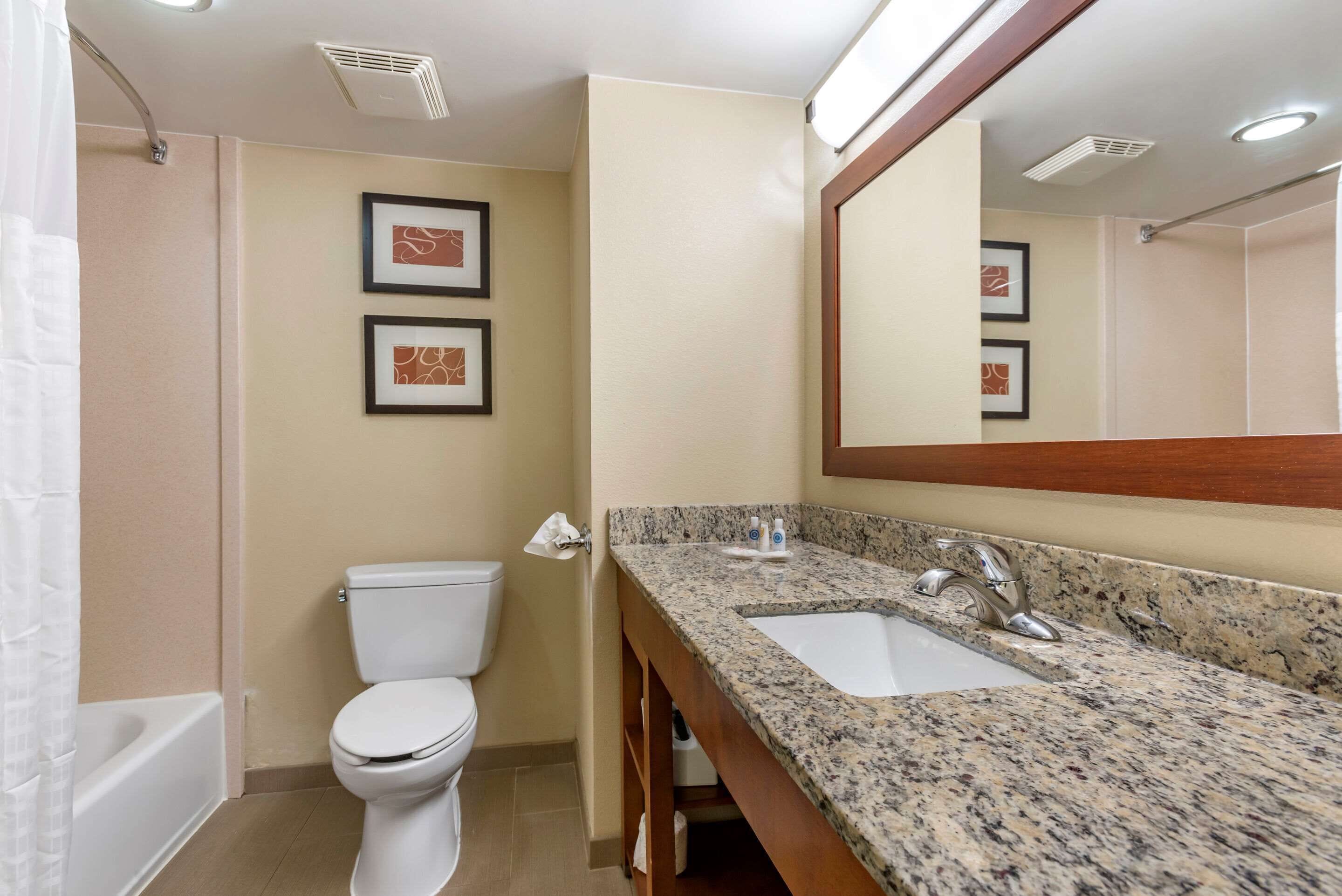 Un baño con inodoro blanco, lavamanos con encimera de granito y dos cuadros en la pared.