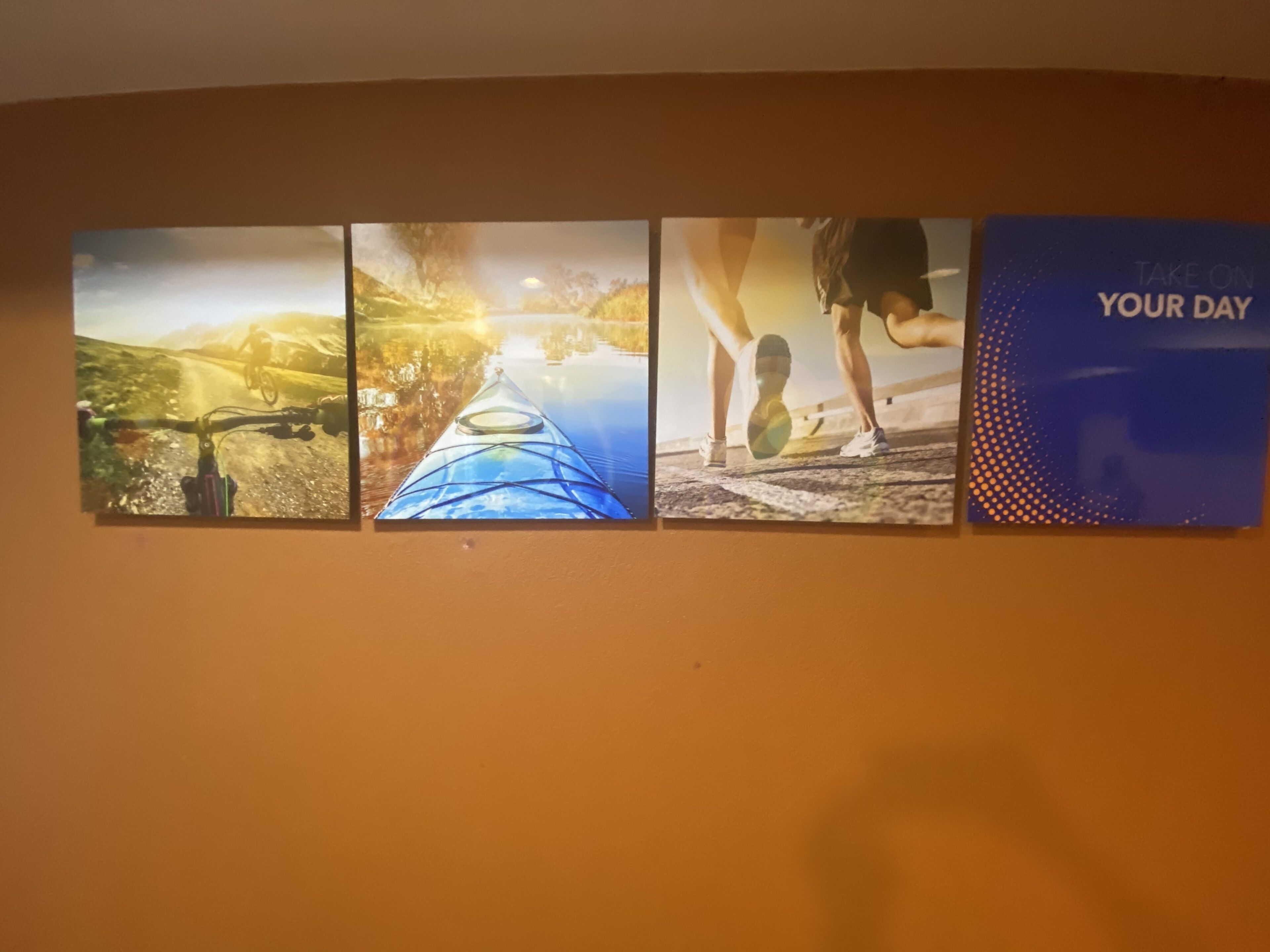 A wall with four framed pictures depicting outdoor activities.